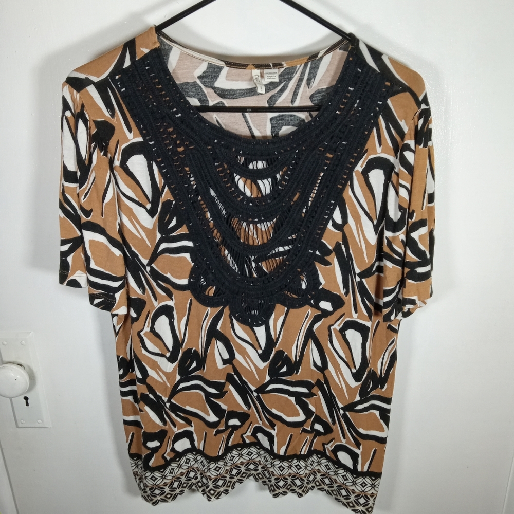 Cato Top Women 14/16W Brown Black Abstract Print Crochet Bib Bohemian Retro